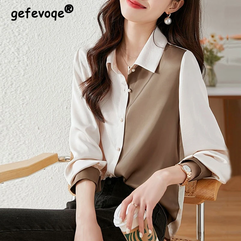 Elegant Chic Office Lady Bead Button Up Shirt Korean Fashion Patchwork Long Sleeve Commute Top Blouse Women Blusas Clothing 2023