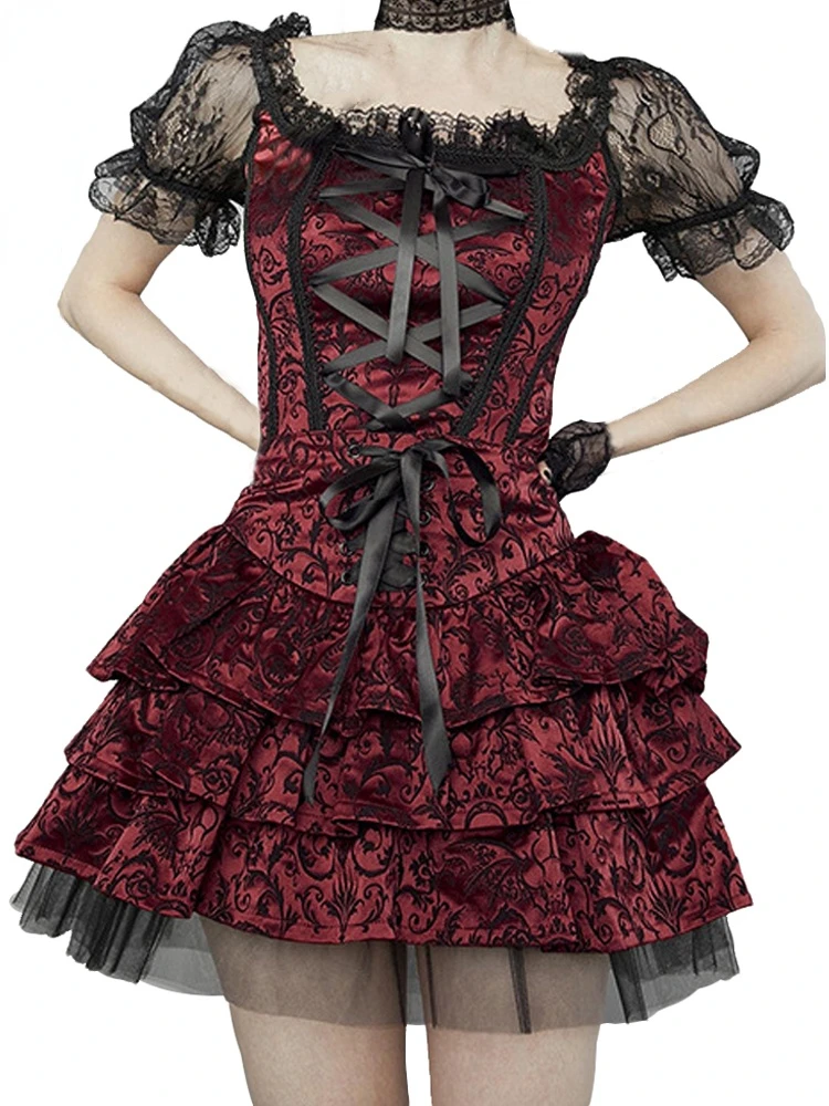 Gothic Sexy 2pcs Vintage Lace Black Dress Goth Punk High Waist Mini Aesthetic Short Sleeve Party Dresses Club Wear 2022 |