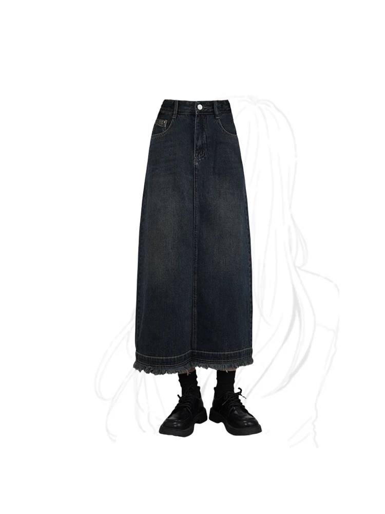 

Women's Vintage Blue Skirt Fashion Korean Style A-Line Long Skirts Harajuku Streetwear Y2k Girls 90s Skirt Autumn 2000s Clothes