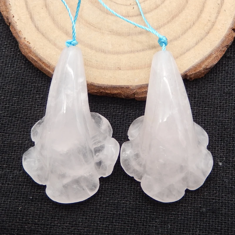 Hot Sale Trendy Carved Rose Quartz Flower Earring Beads 37x22x12mm 13g Fashion Jewelry Accessory For Women