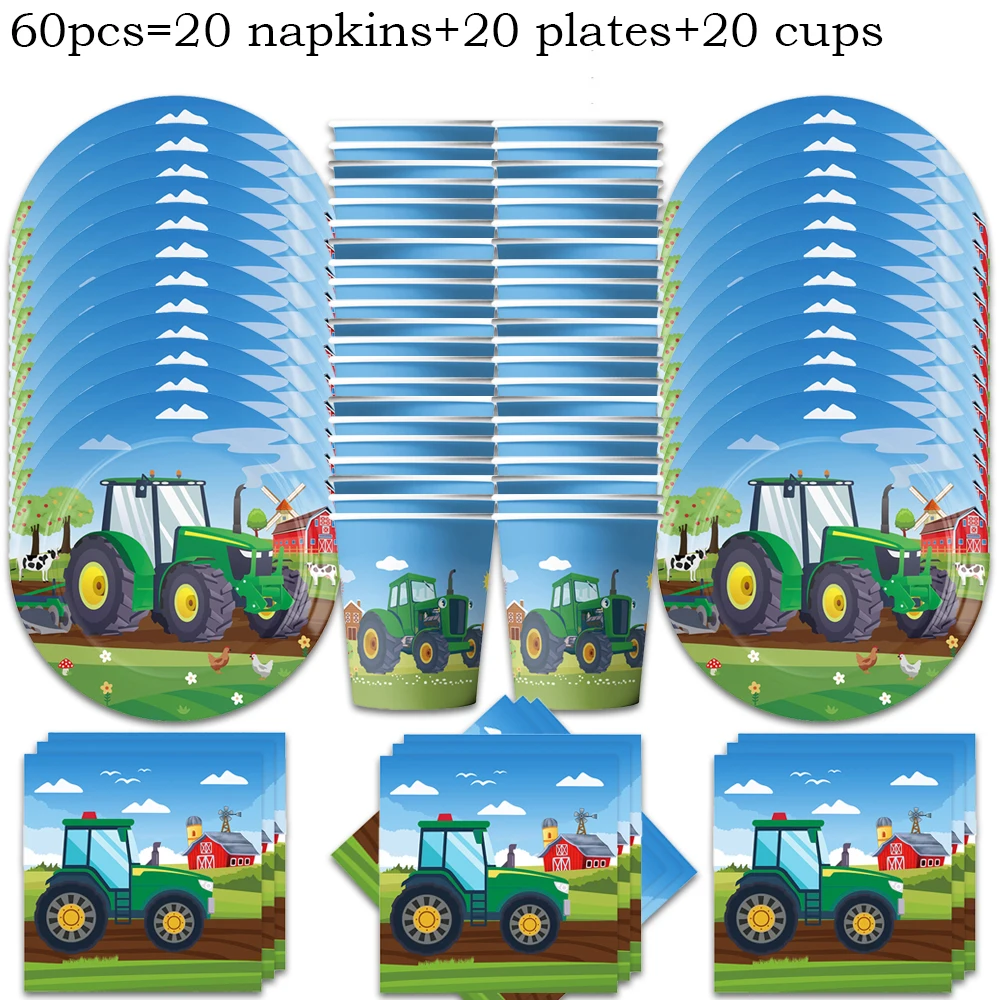 Green Farm Tractor Birthday Party Tableware Set with Banner, Balloons, Cups, Plates, and Napkins