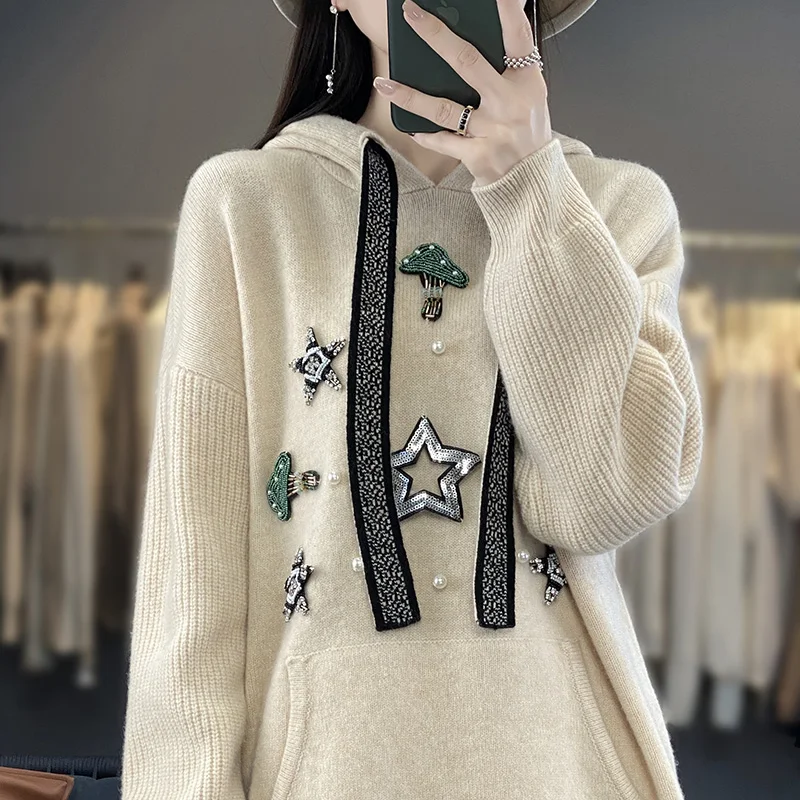 

2023 Fall/Winter Cashmere Sweater Women's Hooded Pullover Casual Knitted Sportswear 100% Merino Wool Fashion Large Size Clothing