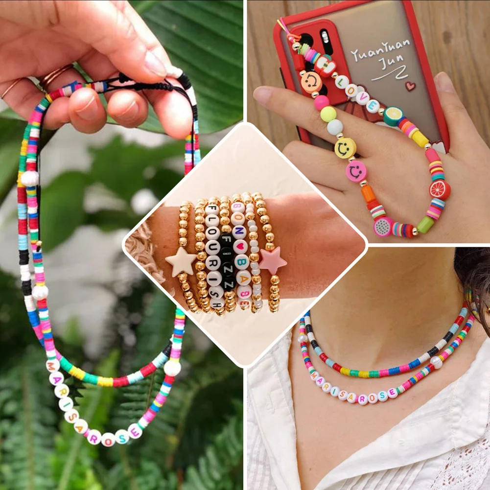 1300Pcs Letter A~Z Initial Acrylic Beads Flat Round Rainbow Color Elastic Bracelet Necklace Phone Hang Cord DIY Jewelry Making