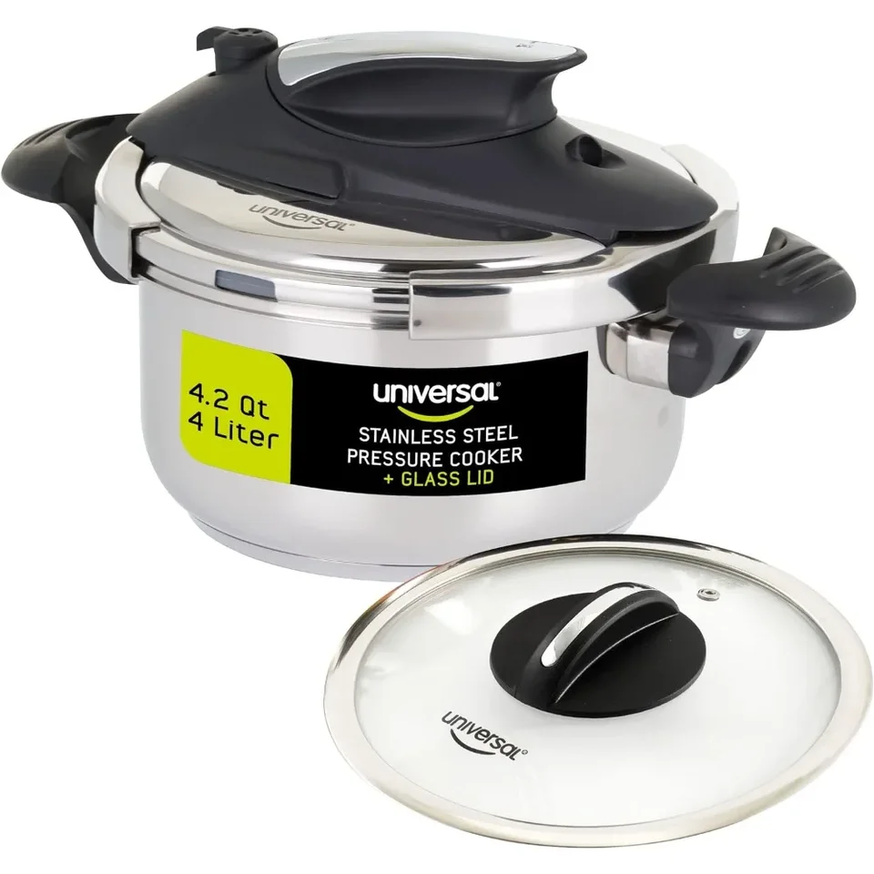 Universal  6.3 Qt/6 Liter  Silver Express Pressure Cooker Extra Glass Lid With Easy Opening System Ultra Safe Stainless Steel Pressure Cooker