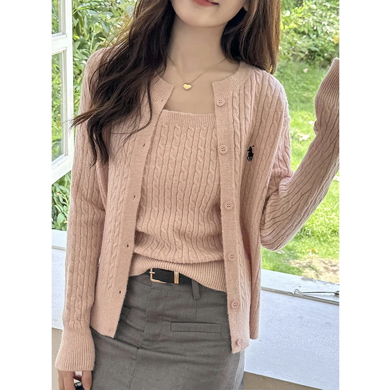 

Cardigan Women 2023 New Autumn and Winter Embroidery Soft Glutinous Twist Single-breasted Knit Cardigan Top+solid Color Vest Set