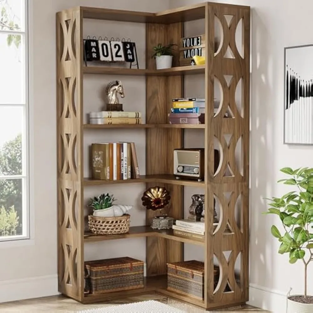 5-Tier Corner Bookshelf, L Shaped 66-Inch Corner Bookcase, Farmhouse Tall Bookshelves, Rustic Display Shelf Storage Organizer 4