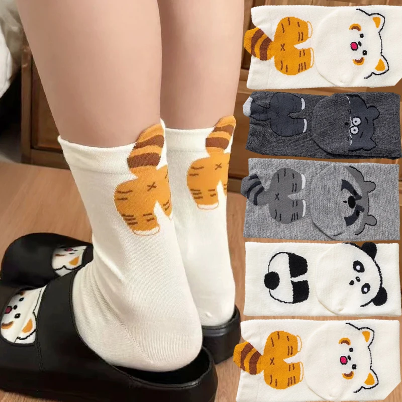 4pairs Cute Cartoon Raccoon Printed Mid Tube Cotton Socks Autumn Winter Kawaii White Socks Breathable Soft Casual Fashion Sock