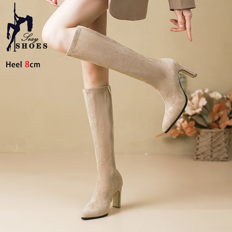 Women Winter Shoes 6CM 8CM Thick High Heels Knee-high Suede Boots Fashion Pointed Toe Autumn Long Boots For Ladies Size 34-40