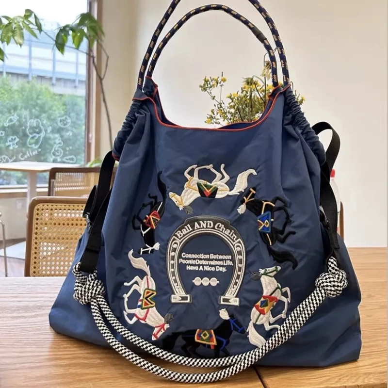 Knit Large Capacity Crossbody Single Shoulder Ball Chain Embroidery Handbag Leisure Bag Student Nylon Canvas Commuting Shopping