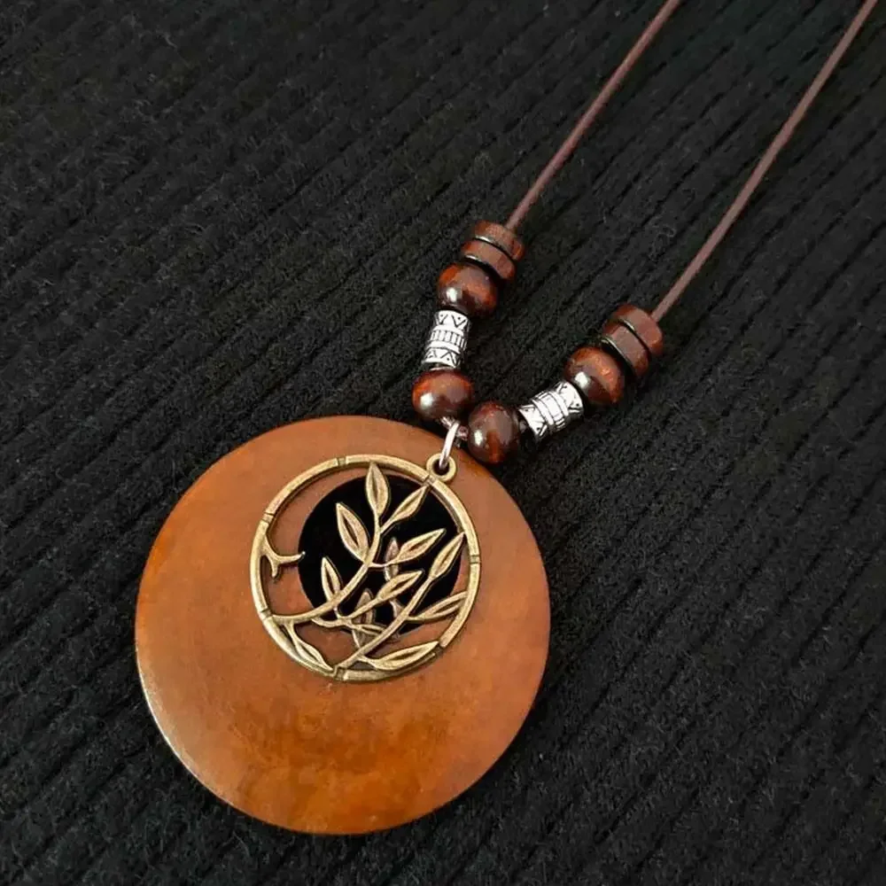 Vintage Wooden Owl Pendant Necklace - Ethnic Long Chain Jewelry