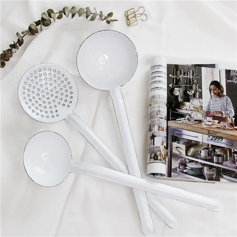 Vintage French Style Kitchen Utensil Set with Wall Mount, White Enamel, 3 Pieces, 12x18 inches