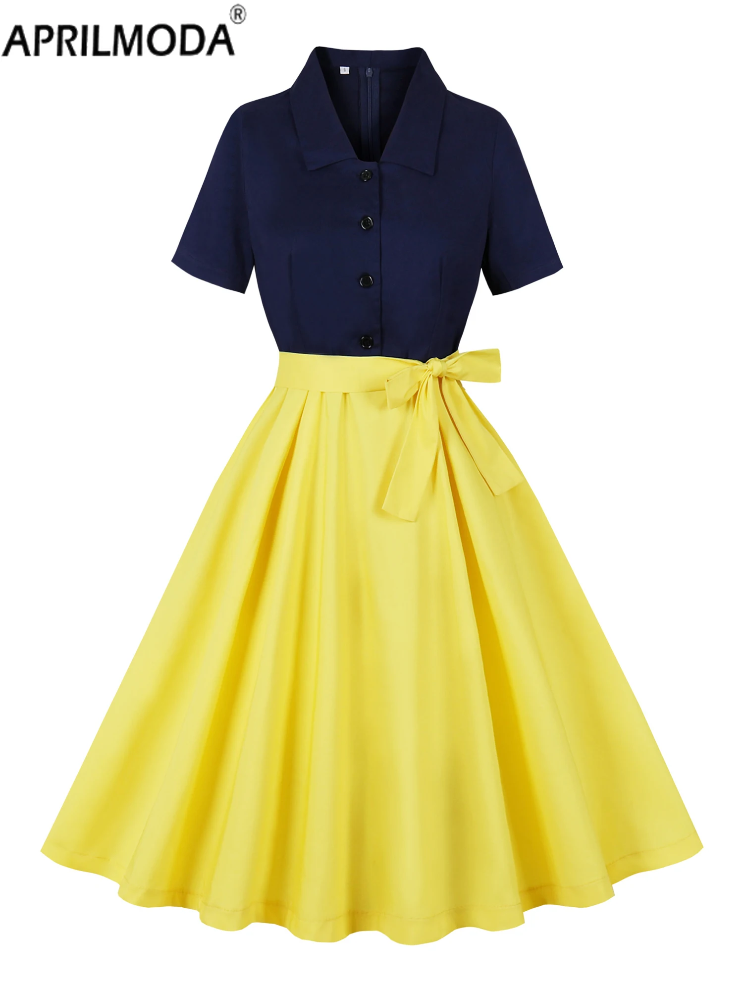 

Retro Women Flare Tea Patchwork Dress Navy Blue and Yellow Two Tone Turn-Down Collar Buttons Belted Summer 50s Vintage Dresses