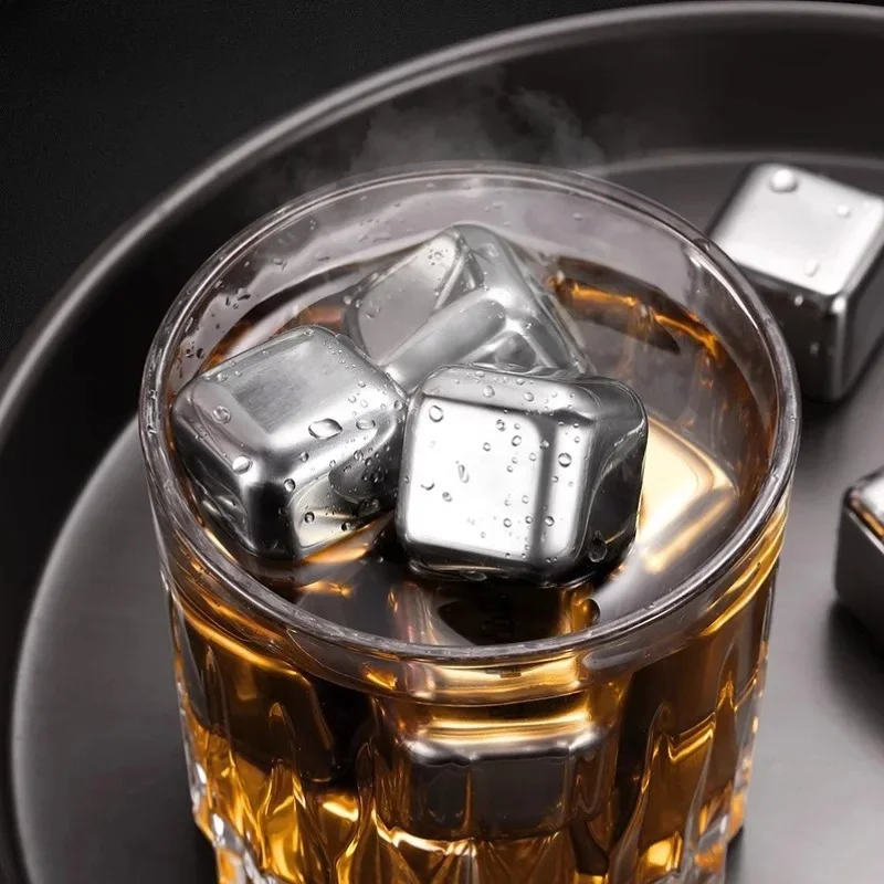 6 Piece Whiskey Ice Cubes Set Silicone Head Tongs Ice Cube Trays Stainless Steel Cubes Reusable