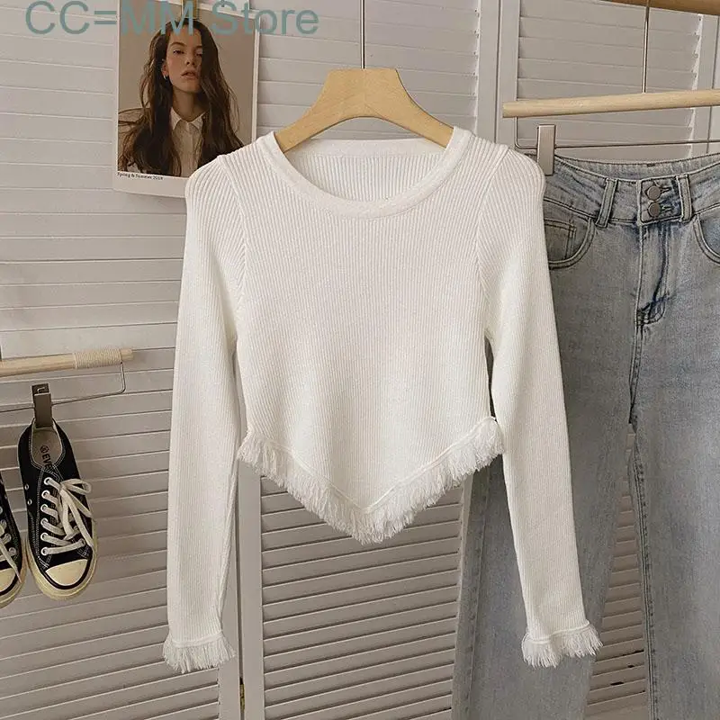 

Fashion Tassel Crop Sweater for Women Fall Winter New Pullovers Long Sleeve Korean Style Green Knitted Jumpers