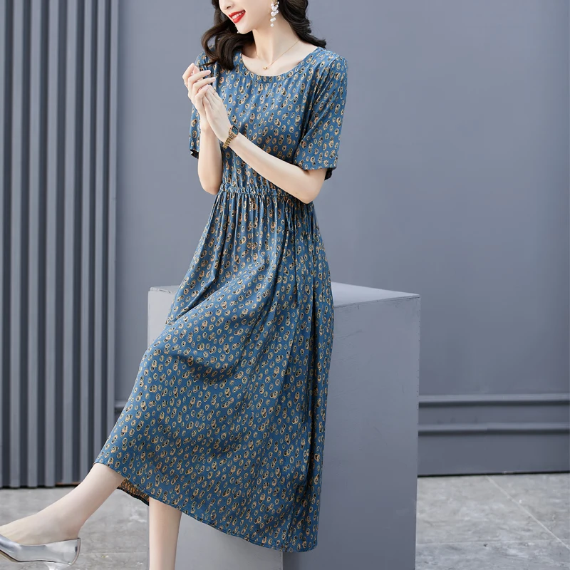 

Summer Vintage Fashion Silk Printed Dress Women's 2023 Round Neck Short Sleeve Loose Fit Casual Holiday Dress Vestidos