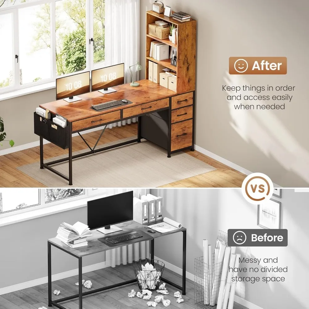Computer Desk with 5 Drawers and Bookshelf, Reversible Home Office Desk with Storage Shelves and File Drawer, Gaming Desk 6