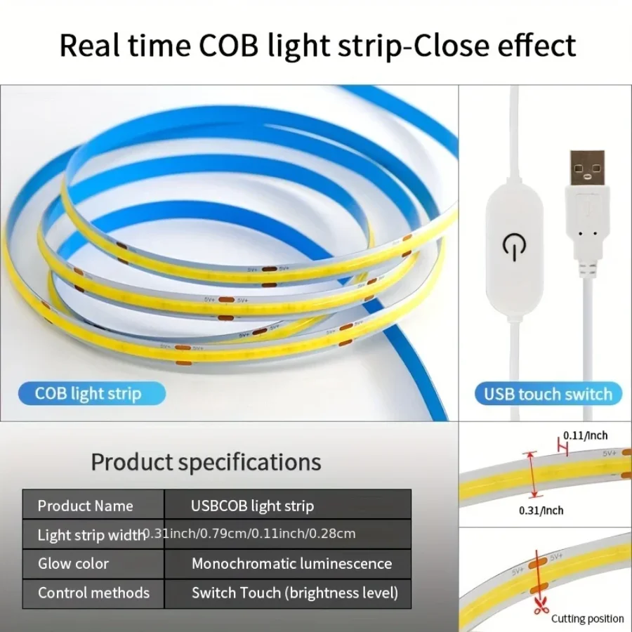 터치 디밍 가능 5V USB 5m COB LED 스트립 라이트 터치 센서 스위치 실내 조명 램프 방 TV 배경 벽 장식