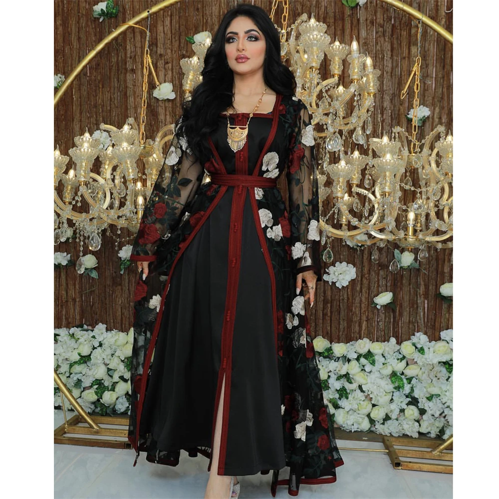 

Luxurious Embroidery Women Middle East Elegant Evening Dress 2PCS Long Sleeves Abaya Cardigan Belt Dubai Party Gowns Jalabiya