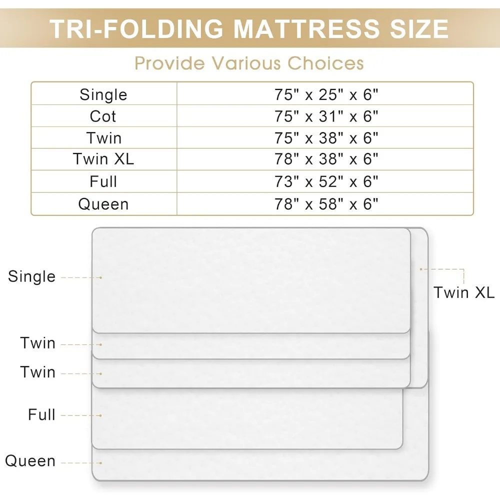 Folding Mattress Memory Foam Tri-fold Mattress with Breathable Washable Bamboo Fiber Fabric Cover Foldable Floor Bed