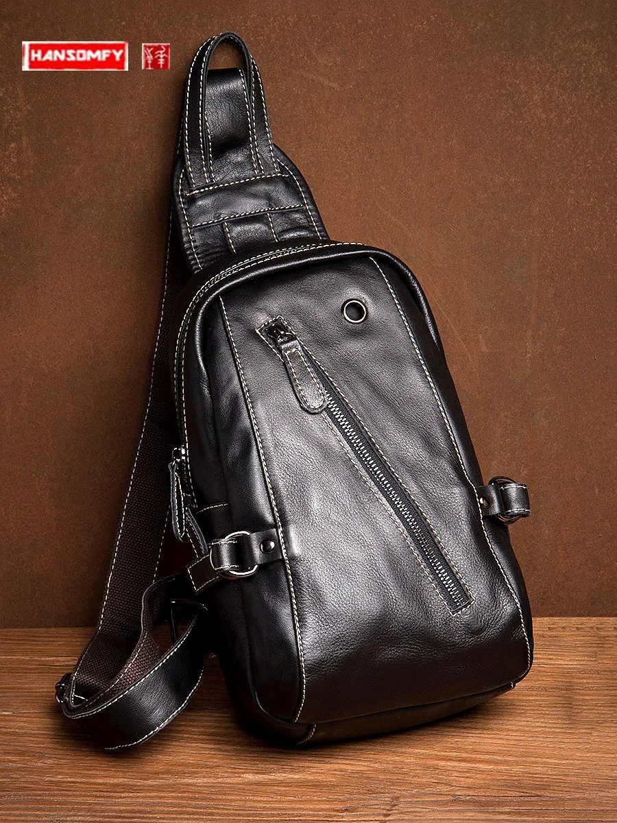 

Street Trend Genuine Leather Men Chest Bag Outdoor Shoulder Bag Casual First Layer Cowhide Chest Bag Men's Crossbody Bag