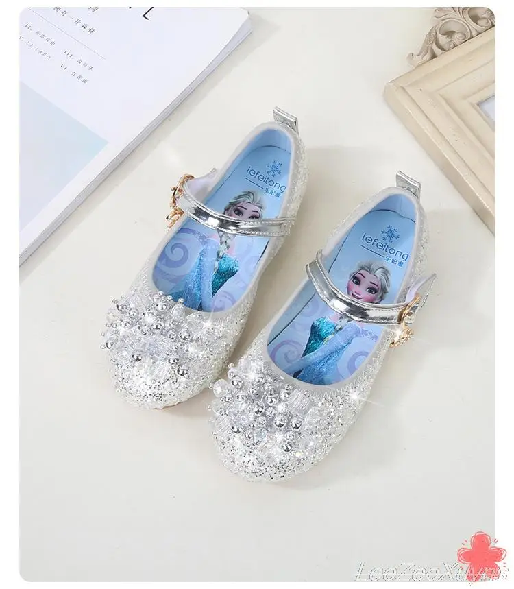 Disney Girls Princess Shoes Soft Sole Little Girl Frozen Children Crystal Casual Shoes Flat Leather Show Dance Shoes Size 22-36 children's shoes for adults