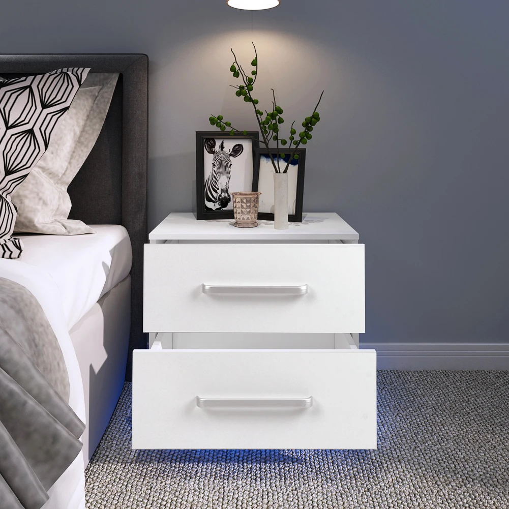 Modern Bedside Cabinet with LED Blue Light High Gloss Front Panel Nightstand with 2 Drawers for Home Bedroom Dining Room