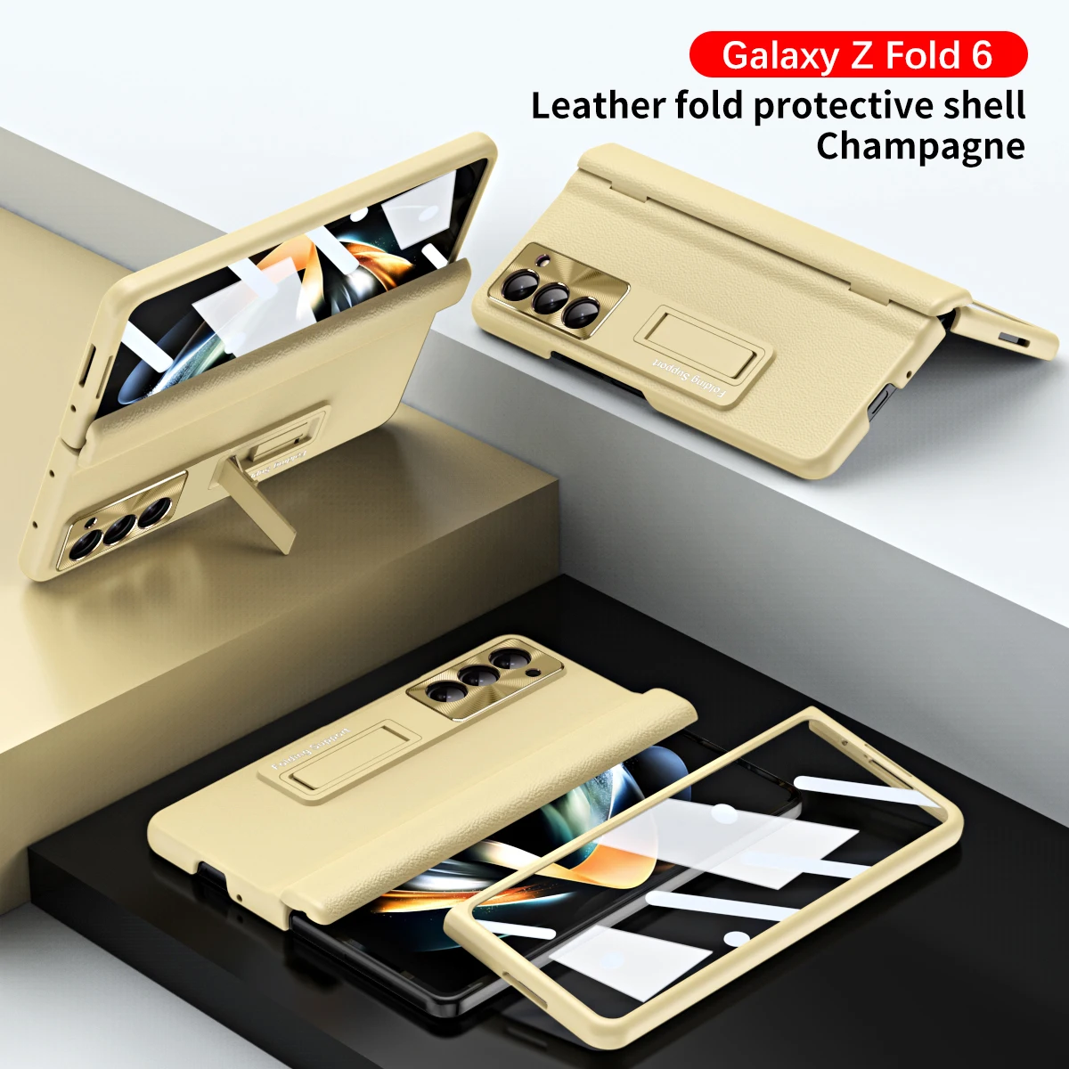For Samsung Galaxy Z Fold 6 5 4 3 Case Luxury Matte Leather Bracket Folding Hinge Tempered Film Protection Shockproof Hard Cover