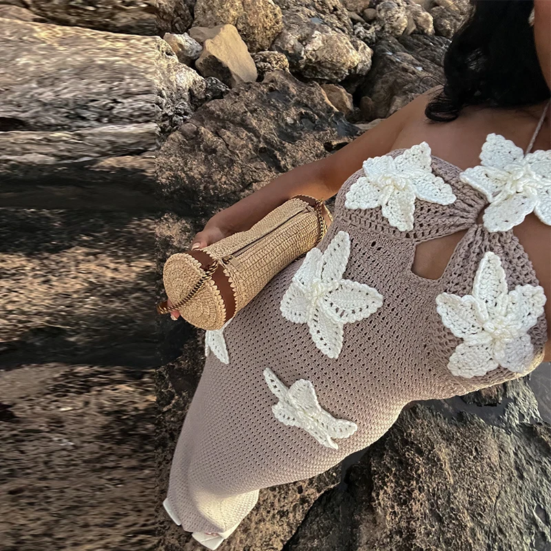 Sexy Knitted Flower Long Dress Women Hollow Halter Sleeveless Maxi Dresses Female Summer Fashion Vacation beach Vestidos