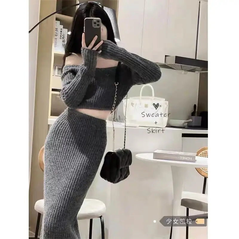 

2023 Winter Women Sexy Knitted Sweater Skirt Suit Y2K Fashion Long Sleeve Crop Tops and Dress Two Piece Sets V782