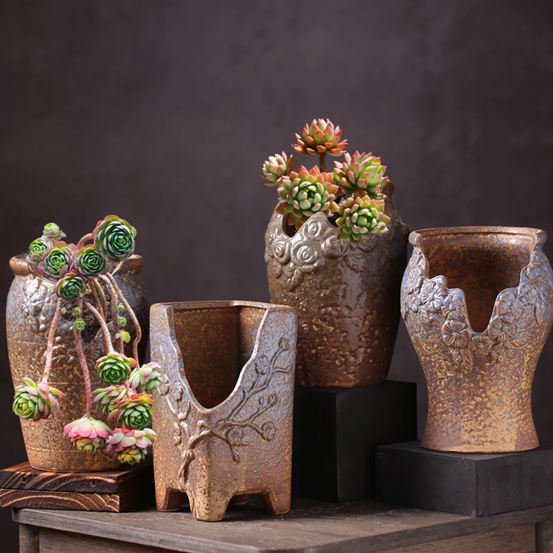 

Цветочный горшок для суккулентных растений горная Роза, грубая керамическая кастрюля, квадратный горшок для мясного скамьи, зеленое растение, креативный круглый горшок со старым ворсом