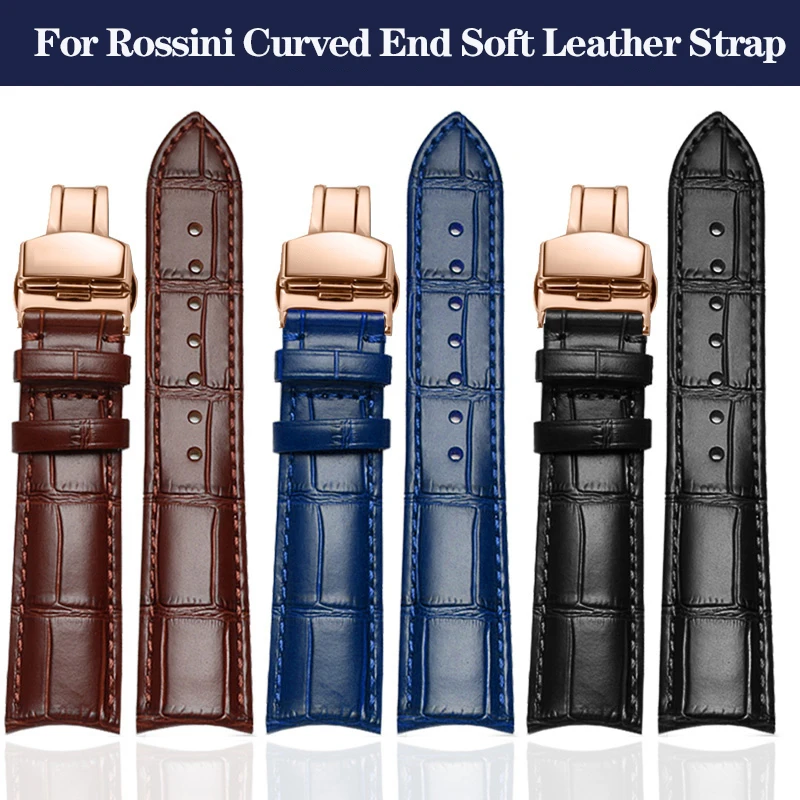 

20mm 21mm 22mm Curved End Cowhide Leather Watchband for Rossini Arc Watch Band Strap 8633 617793 5793 5726 616725/5715/6713 Blue