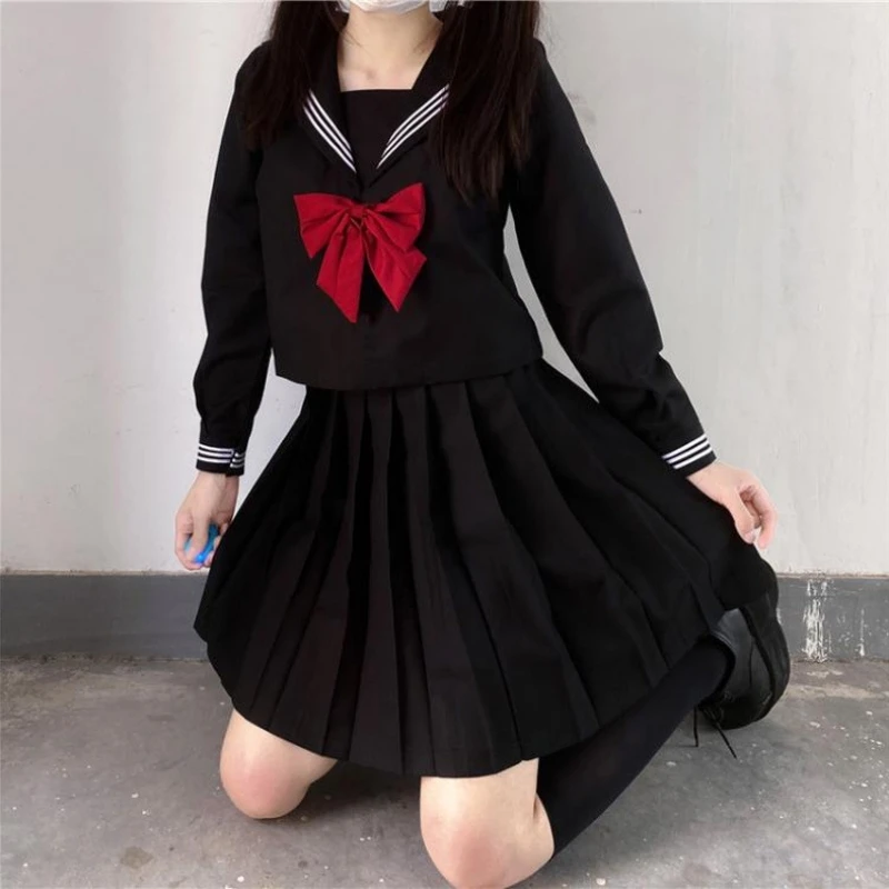 Japanese Schoolgirl Skirt Japanese School Uniform Girls Plus Size Jk Suit Red Tie Black Three Basic Sailor Uniform Women Long Sleeve Suit