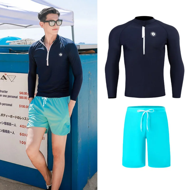 Men's Women's Two Piece Rash Guards set of 2 pieces Long Sleeve Swimsuits UV Sun Swim Shirt Bathing Suit with Trunks Bottom