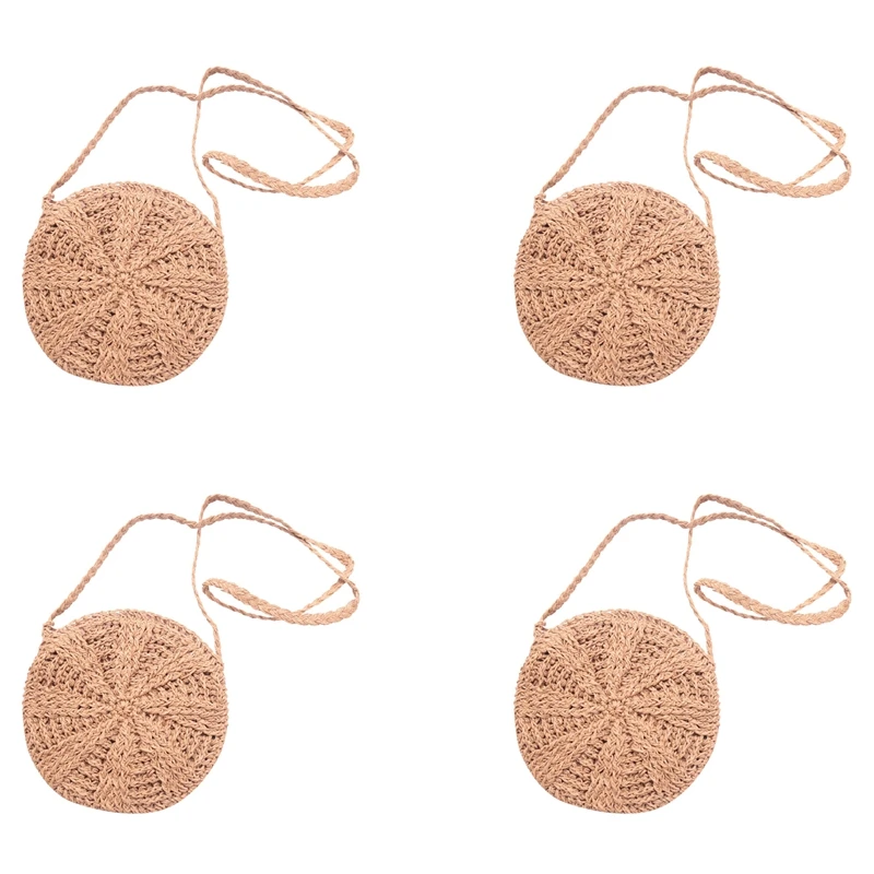 

4X Rattan Crochet Straw Woven Basket Bali Handbag Round Circle Crossbody Shopper Beach Tote Bag(Light Brown)