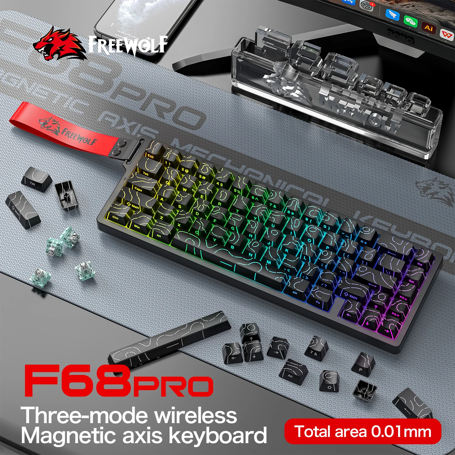 FREEWOLF F68 67-Key Magnetic Switch Keyboard with RGB, 0.01mm RT