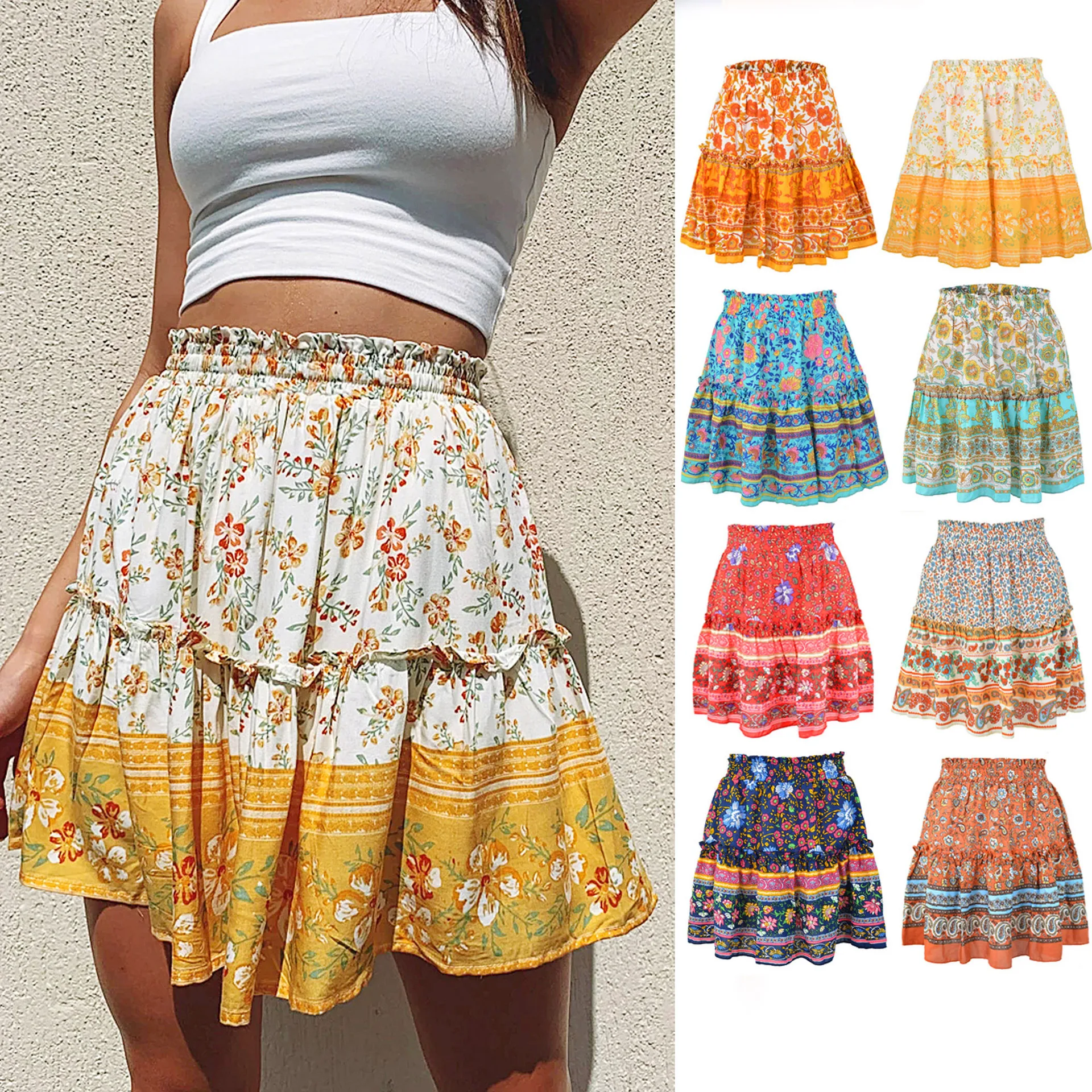 

Bohemian ruffled skirt fashion printed short skirt