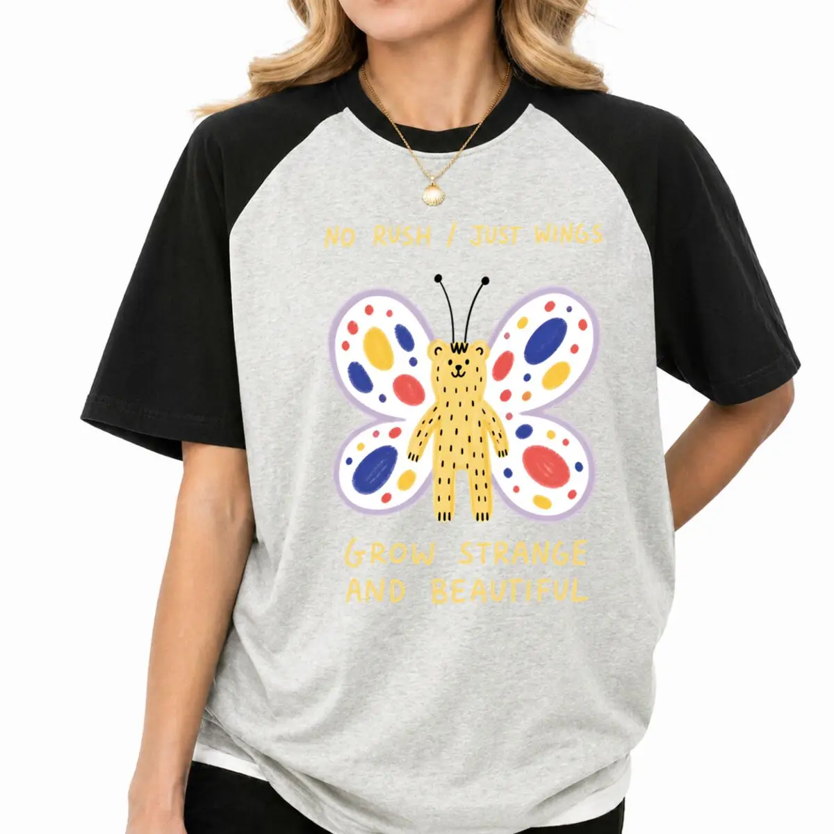 Butterfly "Just Wings Grow Strange And Beautiful" T-Shirt Vintage Raglan Sleeve Cotton Tees Women's Casual American Style Tshirt 4