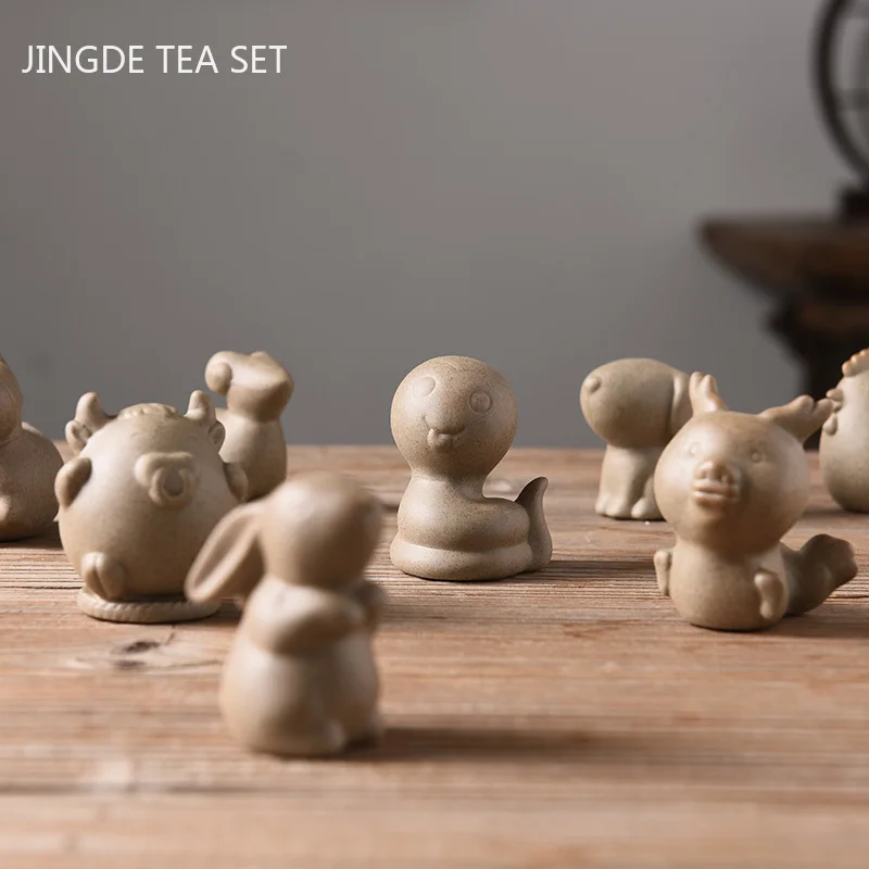 Tea Pet Ornaments Room Decor Statues 1Pc Crude Pottery Zodiac Tea Pet Ornaments Boutique Cute Mini Tea Figurine Pottery Set Decoration Table Accessories
