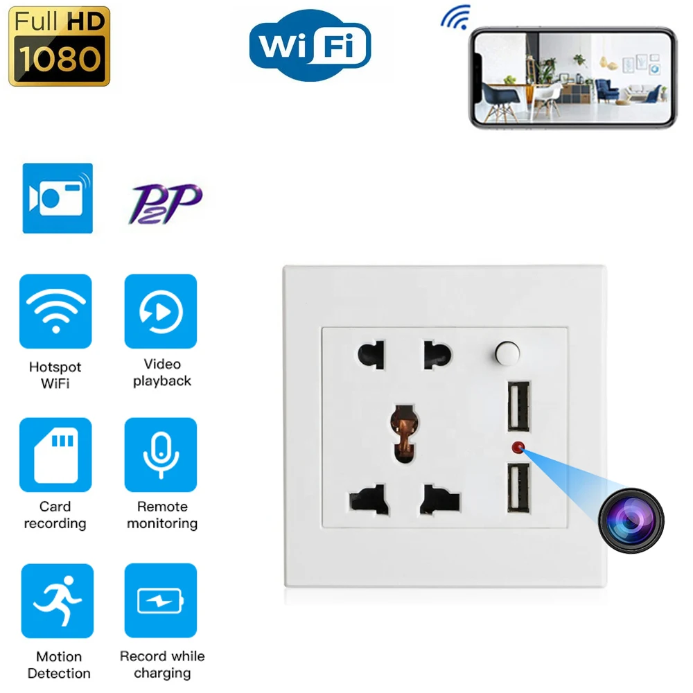 HD 1080P Wall Plug Socket Camera Wifi Home Security Surveillance Video&amp Audio Recording Remote Viewing With USB Charging Port |