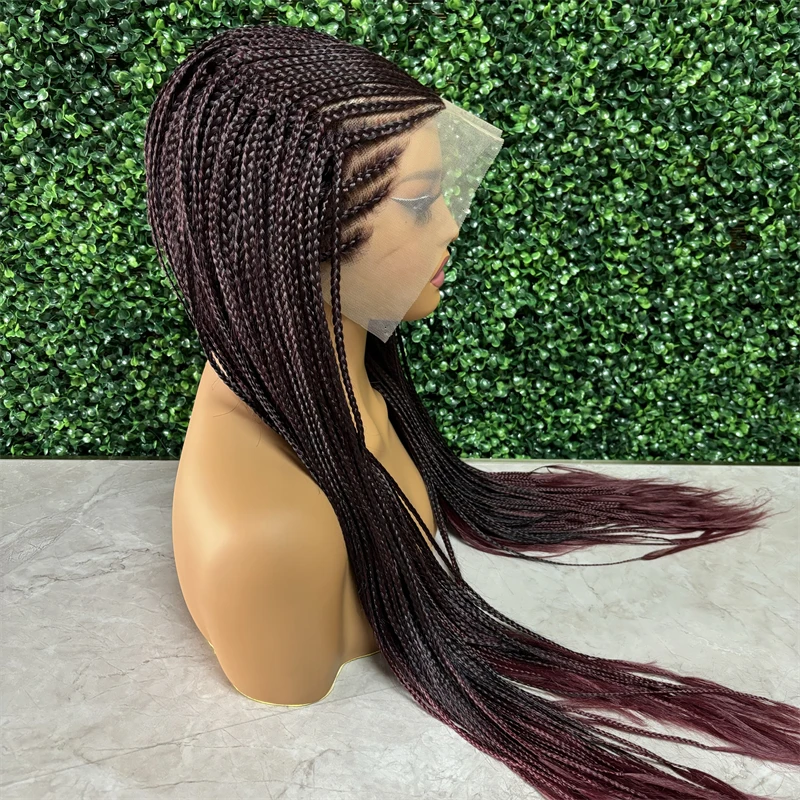 Fashion Lace Closure Braided Wigs Straight 1B/99J Synthetic Knotless Box Crochet Braids Hair Wig for Black Women Pre Plucked