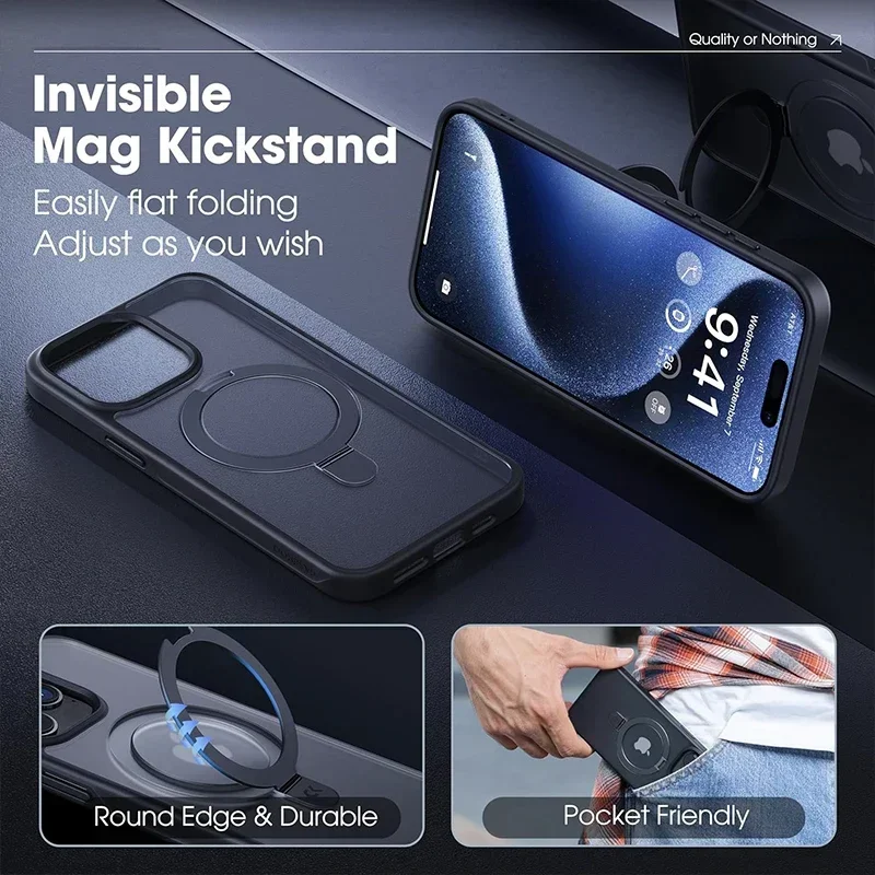 Magnetic Metal Ring Stand Case with Lens Protector - Matte Finish