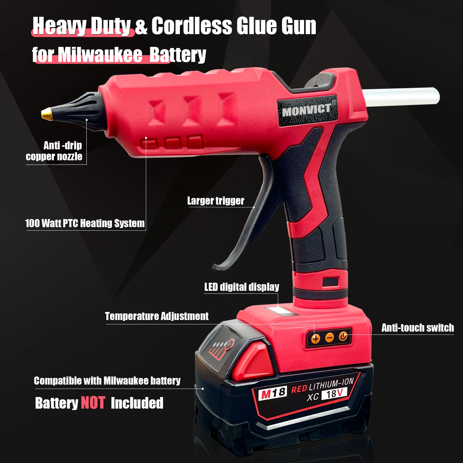Milwaukee 18V Battery 100W Cordless Glue Gun Digital Temperature Adjustable Full Size Heavy Duty with 10 Sticks