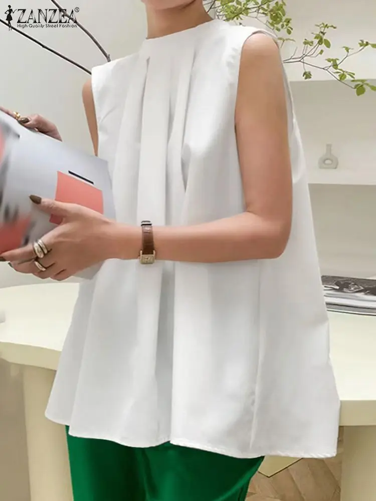 

ZANZEA 2023 Korean Fashion Blusas Women Summer Pleats Tie Blouse Hollow Out Lady Solid Top Female Vintage Party Sleeveless Tunic
