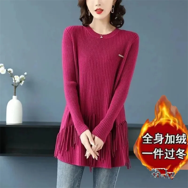 

2023 New Round Neck Pullover Sweater Women's Autumn Winter Outwear Medium Length Loose Fashionable Tassel Underlay Woolen Dress