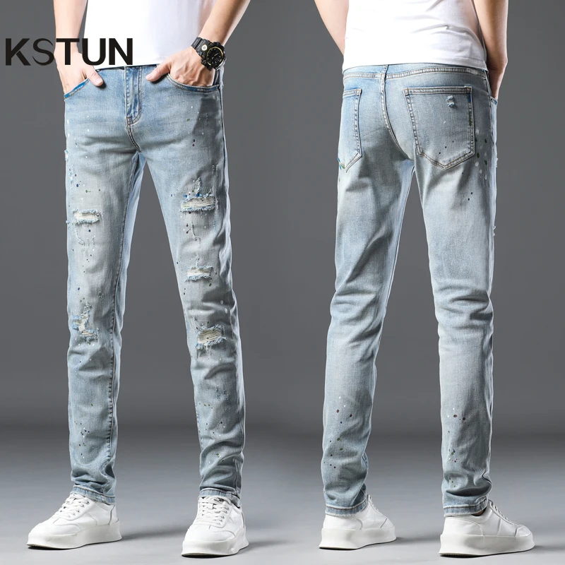 

Men's Jeans Skinny Fit Ripped Hip Hop Light Blue Jeans Stretch Distressed Male Denim Pants Streetwear Casual Painting Patched