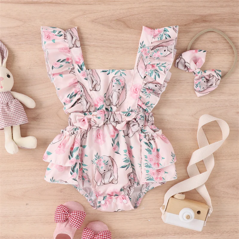 

0-18M Baby Girls Cute Easter Romper Bunny Floral Print Ruffled Flying Sleeve Rompers Headband Set Baby Rabbit Jumpsuit Costume