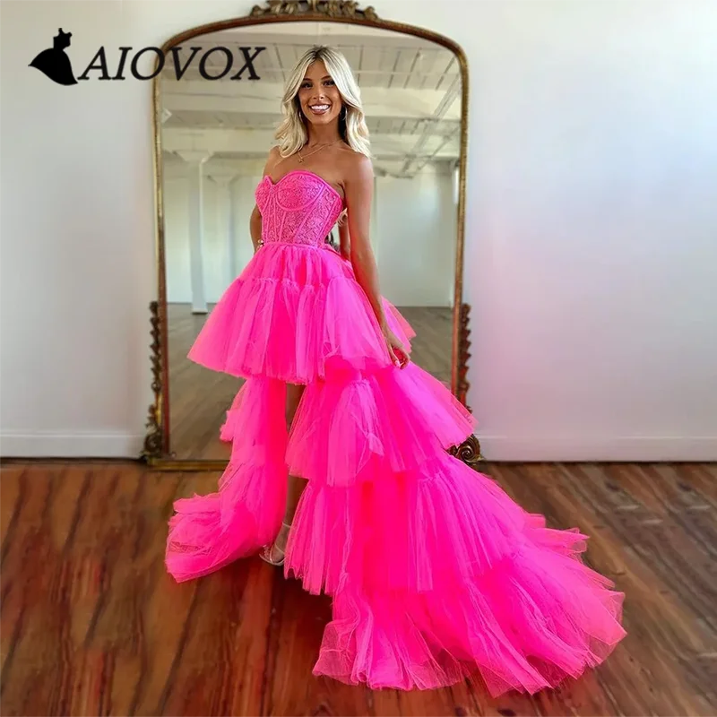 

AIOVOX Prom Dress Tiered Ruffles Lace Sweetheart Princess Evening Gown Elegant High Low Sweep Train Vestido De Noche for Women