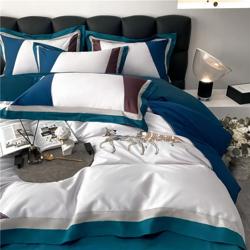 Waliicorners Queen King Quilt Duvet Cover Set Bed Linen Pillow Shams 1000TC Egyptian Cotton Horse Embroidery Luxury Bedding Set 22 Sf34e8d4247414f6f918f8d1bd0beb165z