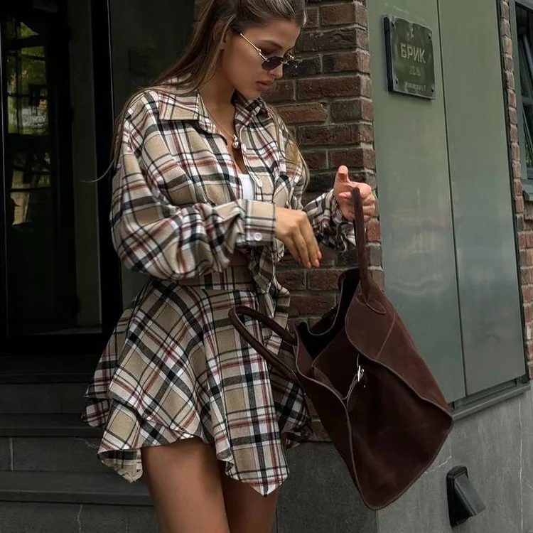 Vintage Contrast 2 Piece-Set Skirt For Women Long Sleeve Slim Patchwork Coat And High Waist Skirt Outfits Ladies Clothes