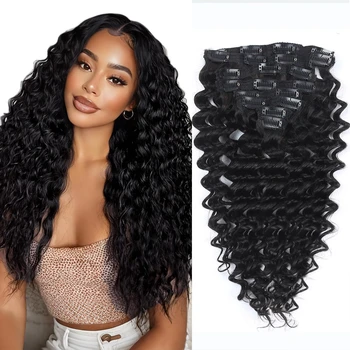 Curly Clip in Hair Extensions Real Human Hair Seamless Brazilian Remy Hair Deep Wave Clip ins Extensions 18 Clips Natural Black